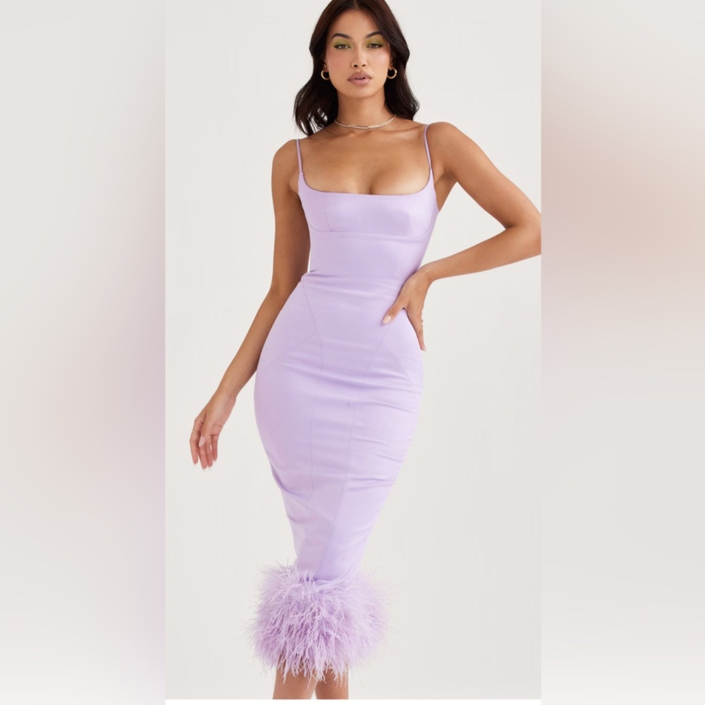 House of CB Lilac Feather-Trim Midi Dress - Picture 2 of 14